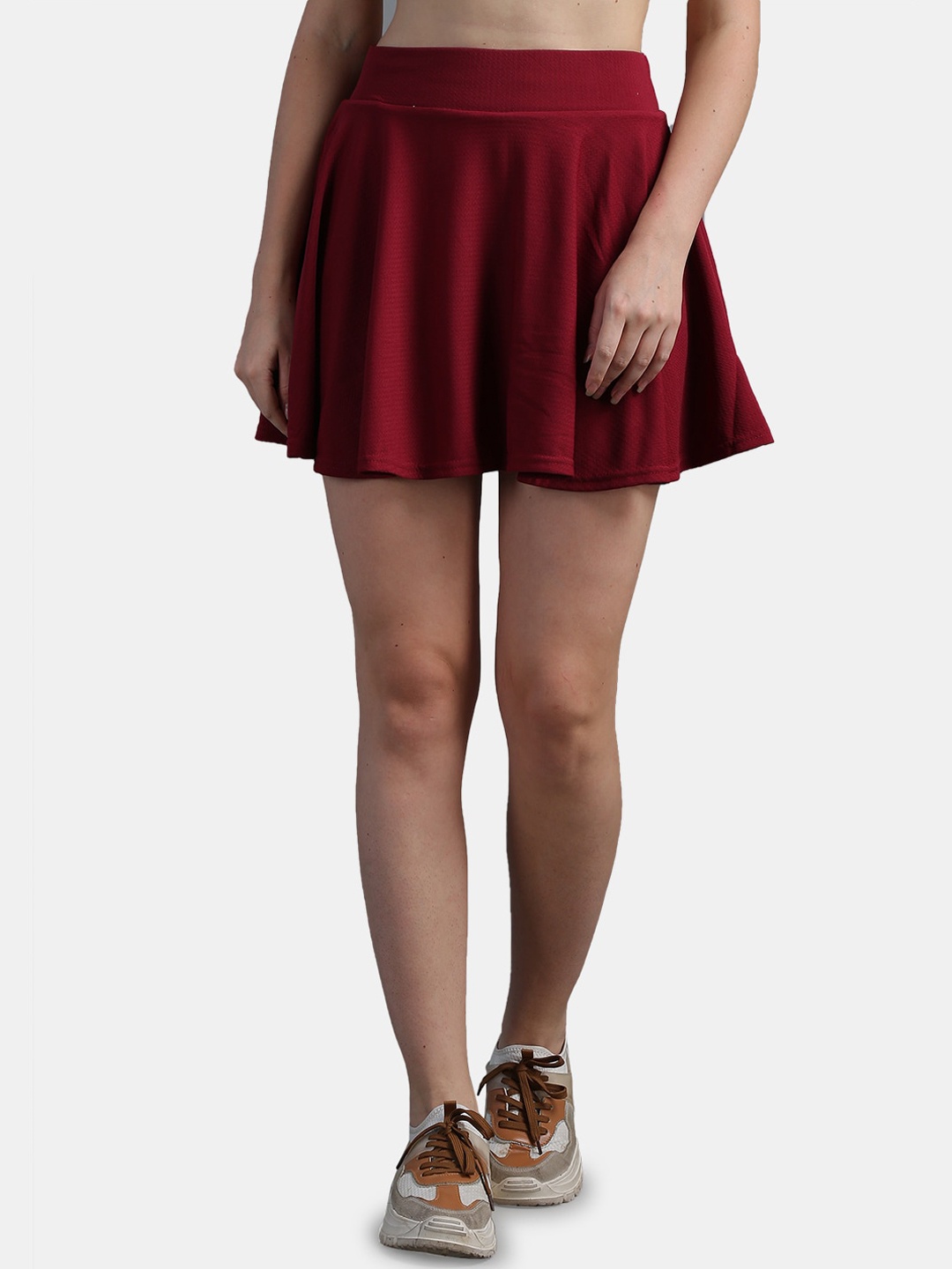 

N-Gal Women Textured Flared Skater-Style Mini Skorts, Maroon