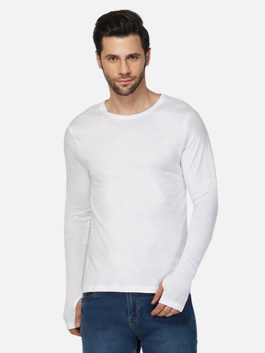 

appulse Men White Round Neck Cotton Long Sleeves Casual T-shirt