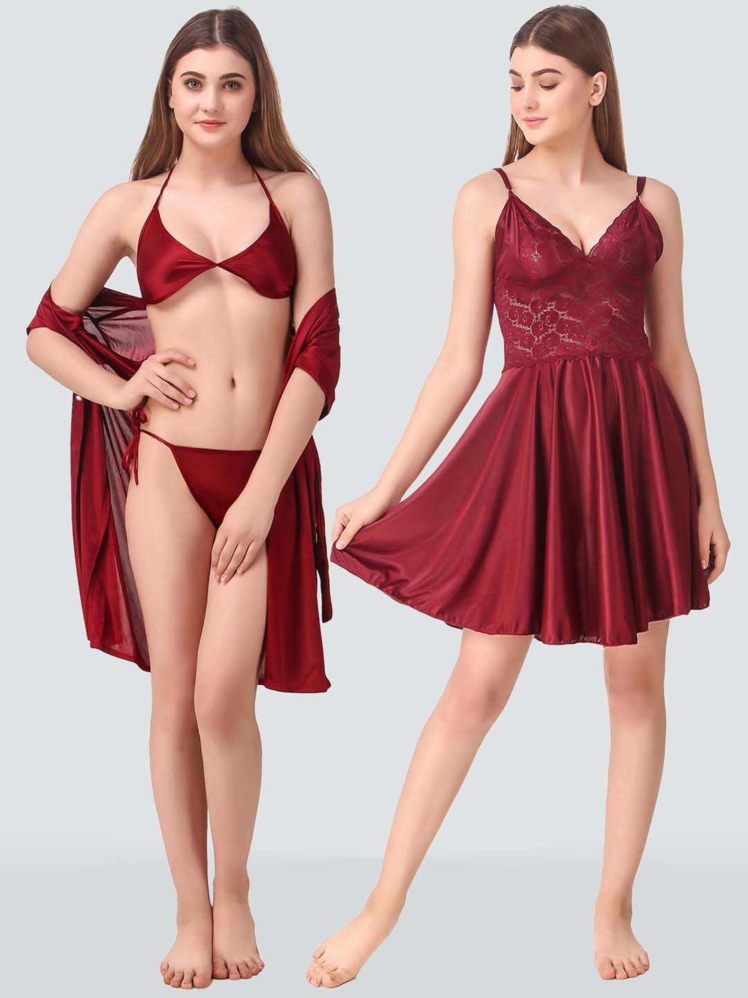 

Romaisa Maroon Satin Solid Nightwear Set