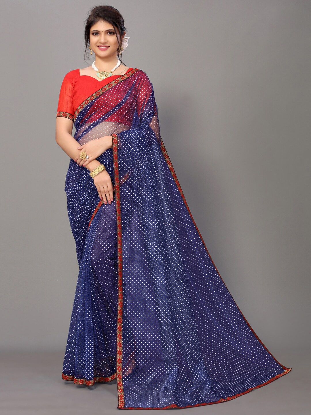 

KALINI Navy Blue & Red Embellished Organza Saree