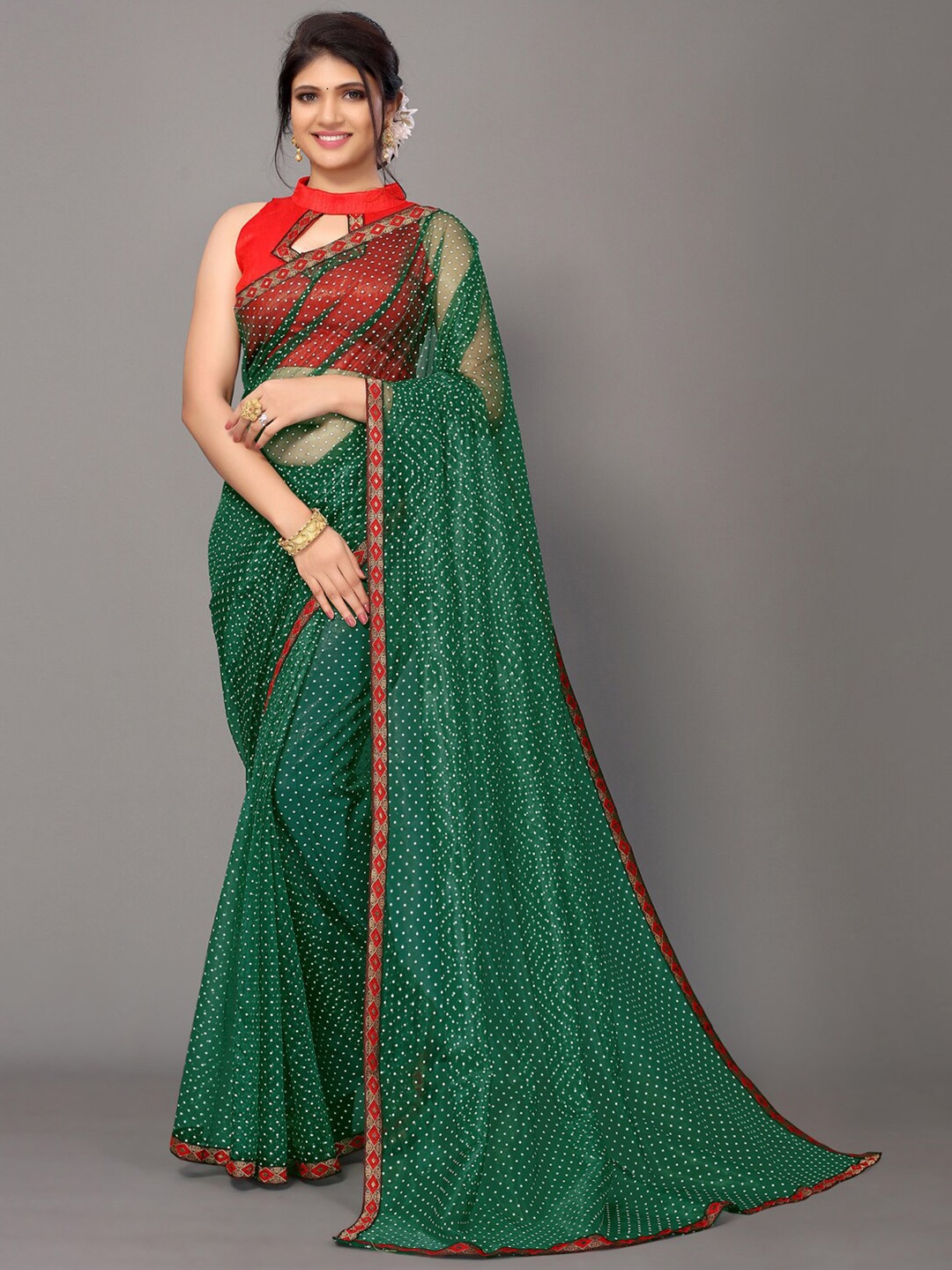 

KALINI women Green & Red Bandhani Zari Organza Saree