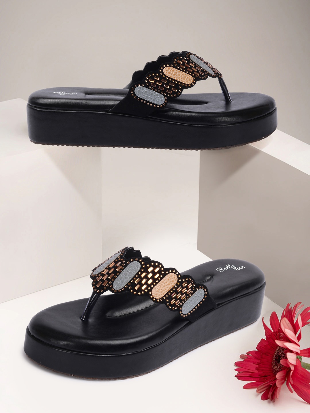 

Bella Toes Black Embellished Velvet Flatform Heels