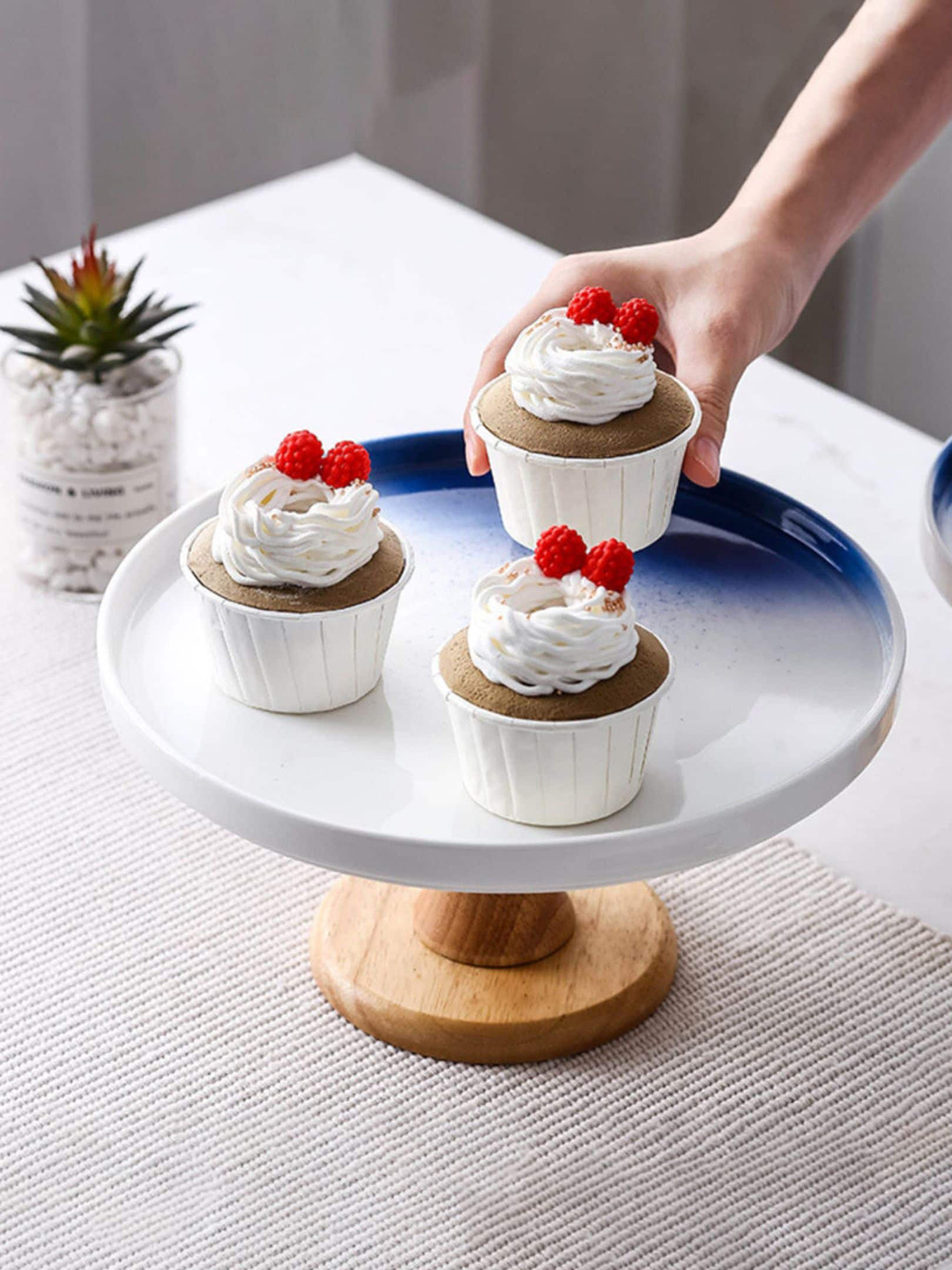 

Nestasia White & Blue Round Ceramic & Wood Cake Stand