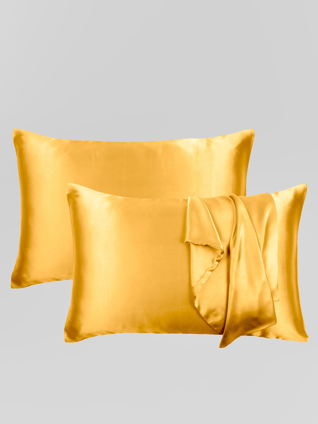 

OUSSUM Unisex Set Of 2 Yellow Solid Satin Pillow Covers