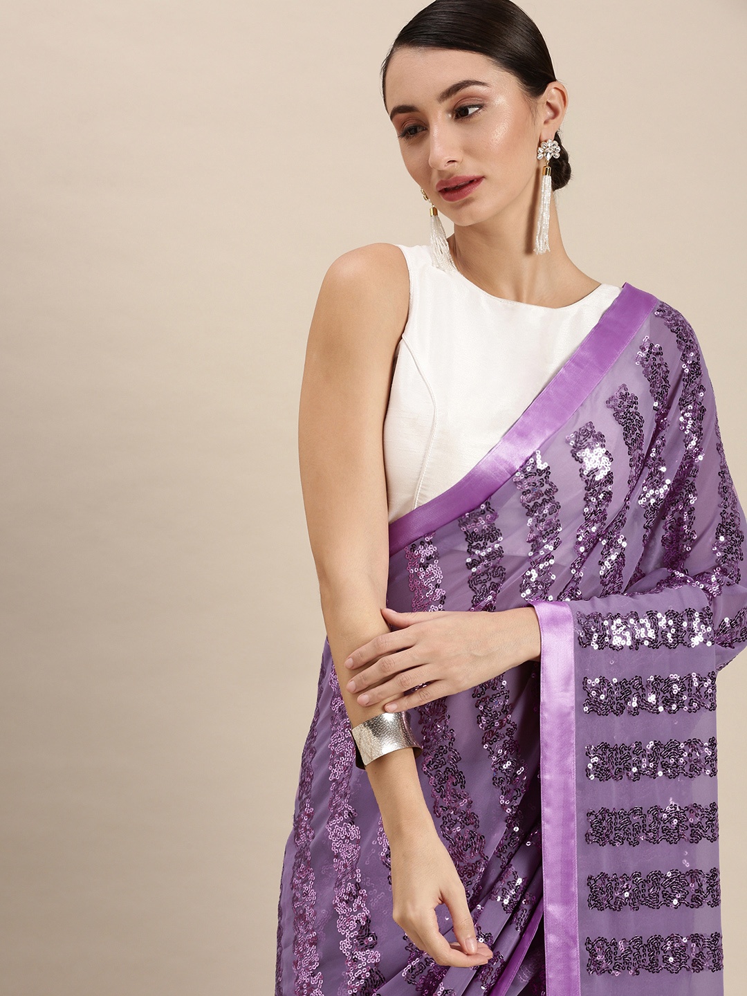 

VASTRANAND Lavender Embellished Sequinned Saree