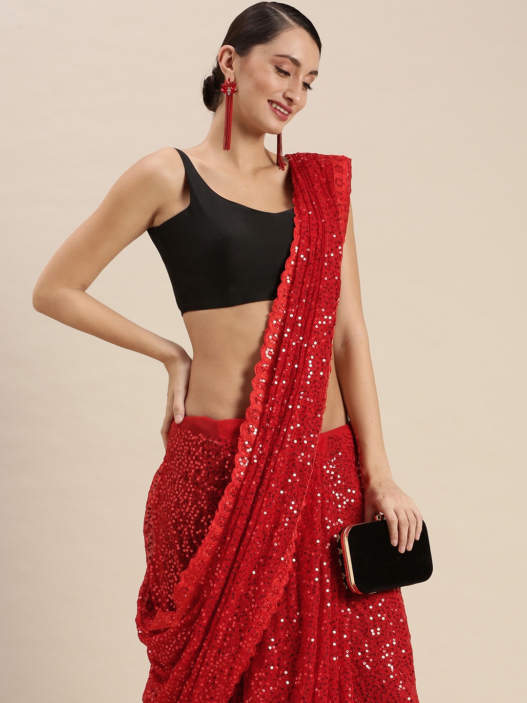 

VASTRANAND Red Embellished Sequinned Saree