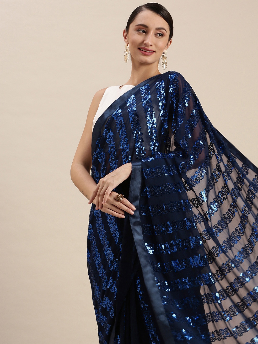 

VASTRANAND Navy Blue Embellished Sequinned Saree