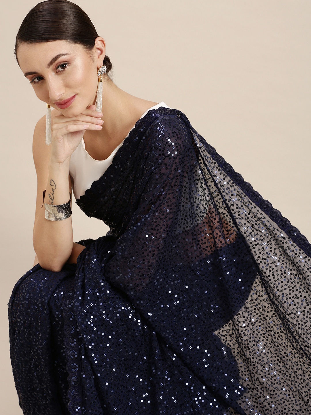 

VASTRANAND Navy Blue Embellished Sequinned Saree