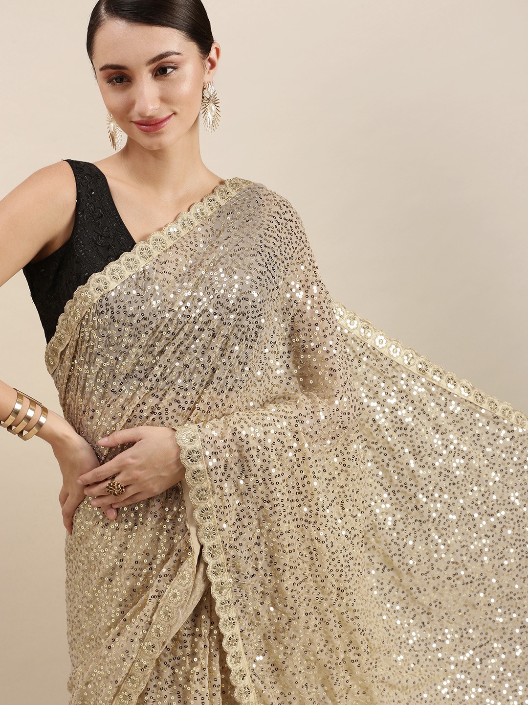 

VASTRANAND Beige Embellished Sequinned Saree