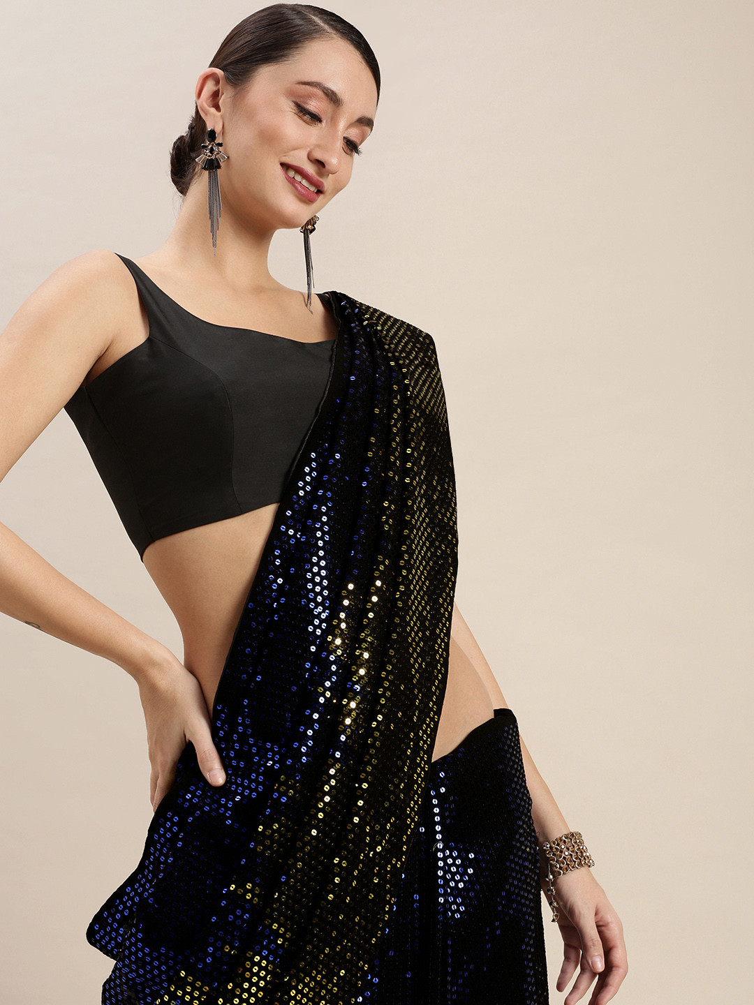 

VASTRANAND Navy Blue & Black Embellished Sequinned Saree
