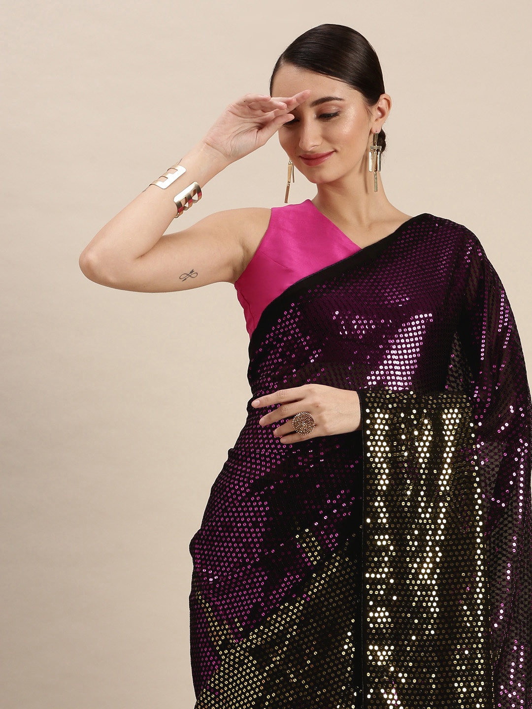 

VASTRANAND Pink & Black Embellished Sequinned Saree