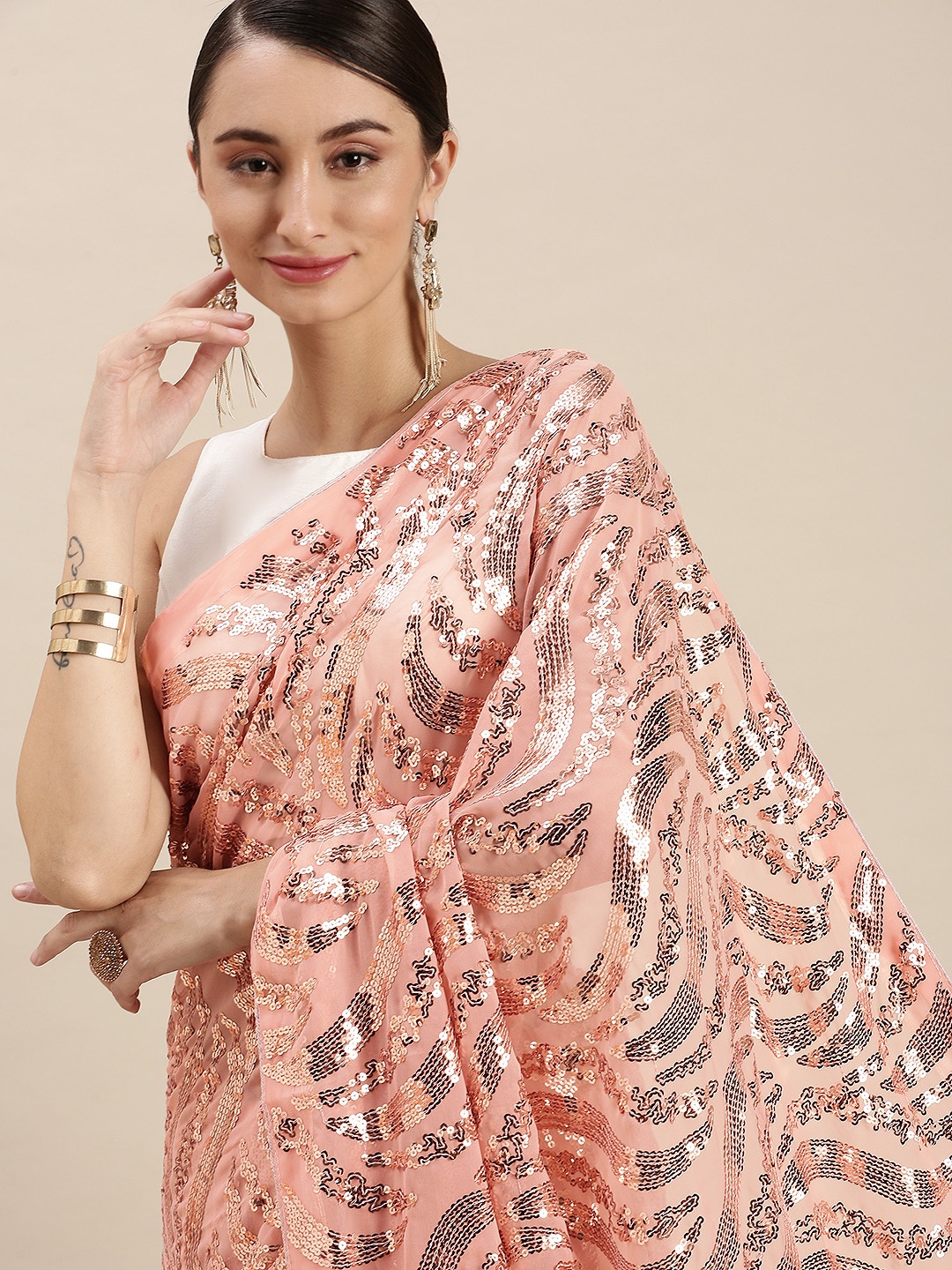 

VASTRANAND Peach-Coloured Embellished Sequinned Saree