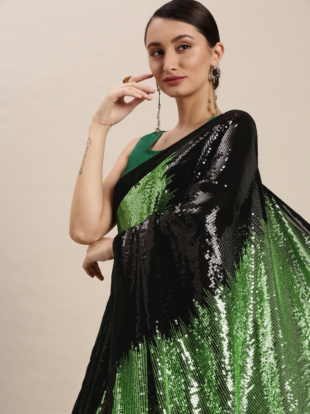 

VASTRANAND Green & Black Embellished Sequinned Saree