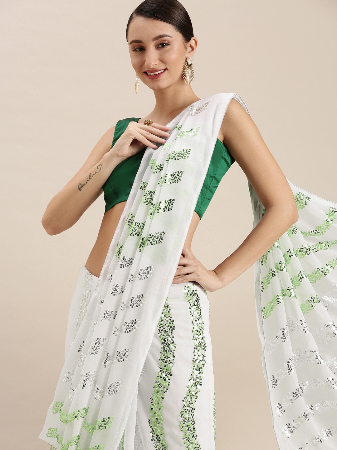 

VASTRANAND White & Green Embellished Sequinned Saree