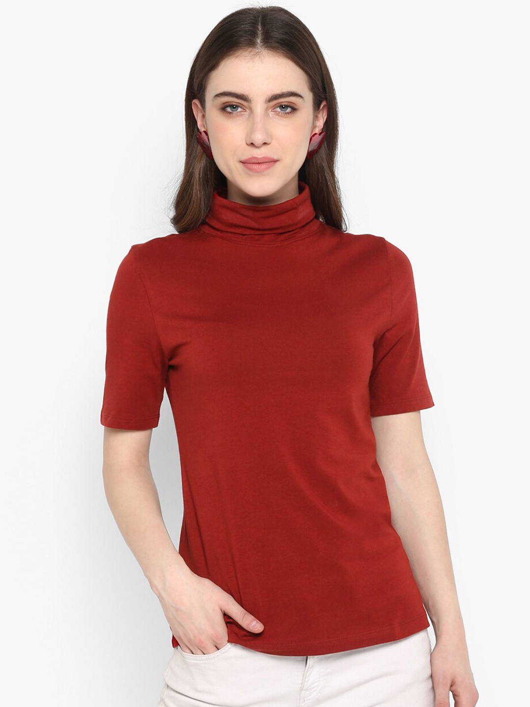 

SHARKTRIBE Women Burgundy High Neck Slim Fit T-shirt