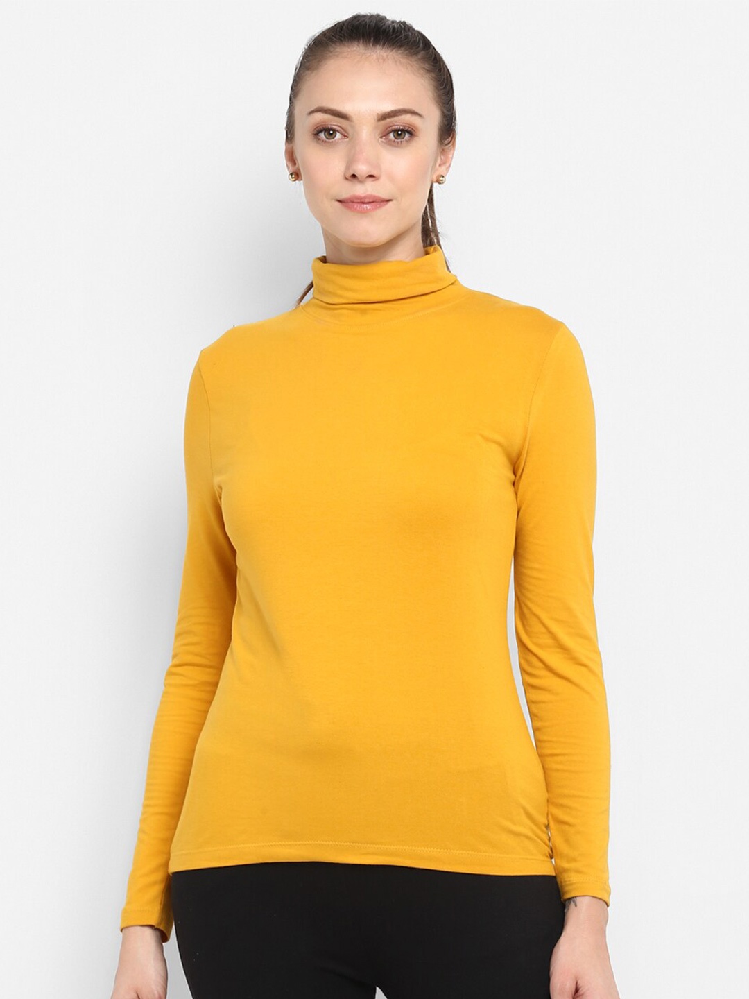

SHARKTRIBE Women Mustard Yellow High Neck Slim Fit T-shirt