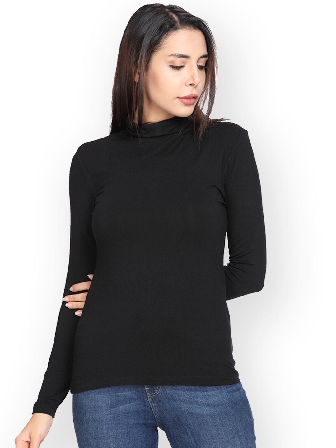 

SHARKTRIBE Women Black Turtle Neck Slim Fit T-shirt