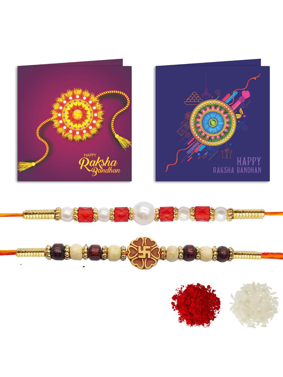 

YouBella Men Set Of 2 Gold Toned & Red Rakhi With Roli Rice & Greeting Card