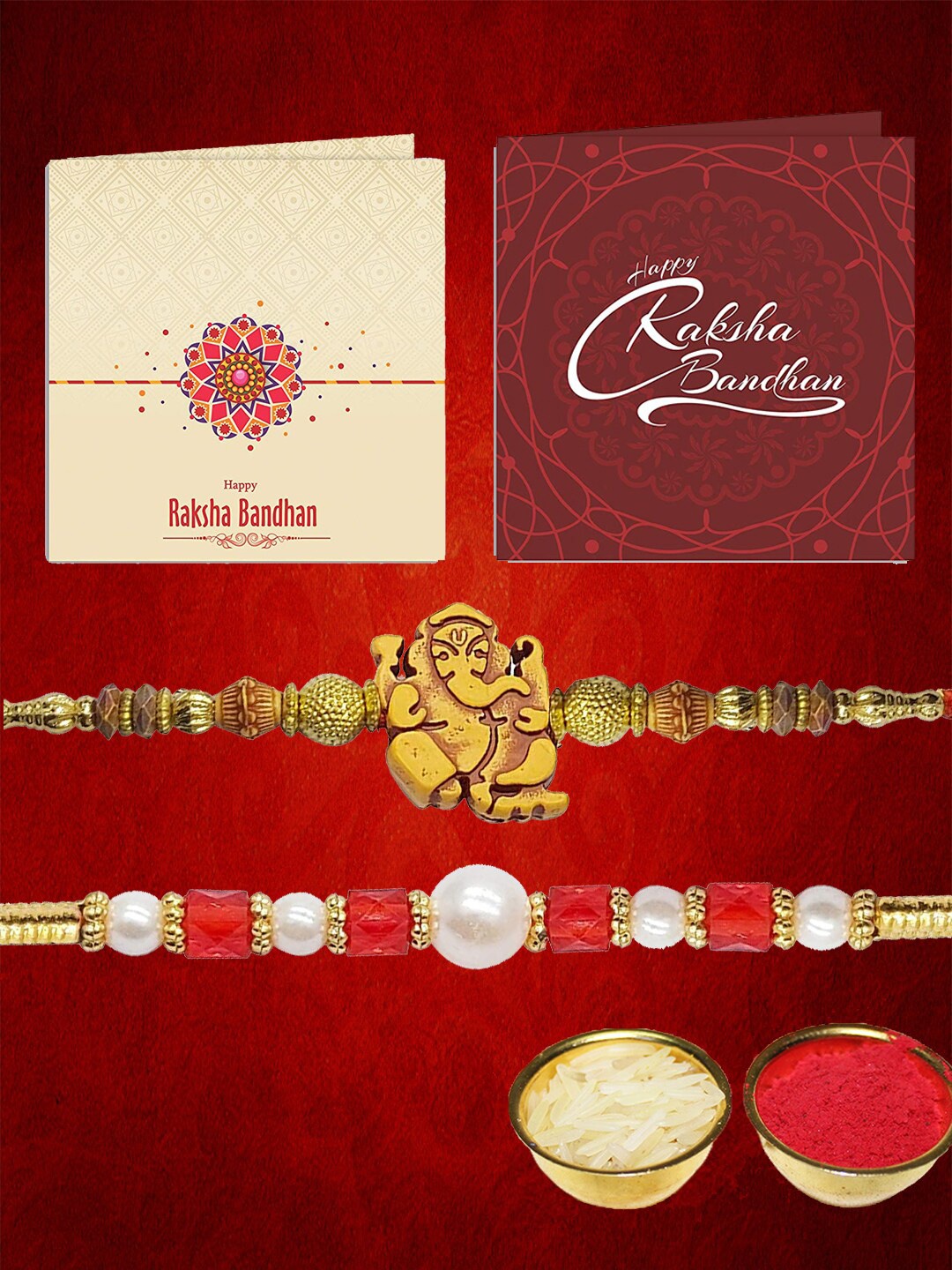 

YouBella Men Set Of 2 Red & Gold-Toned Beaded Rakhi & Greeting Card, White