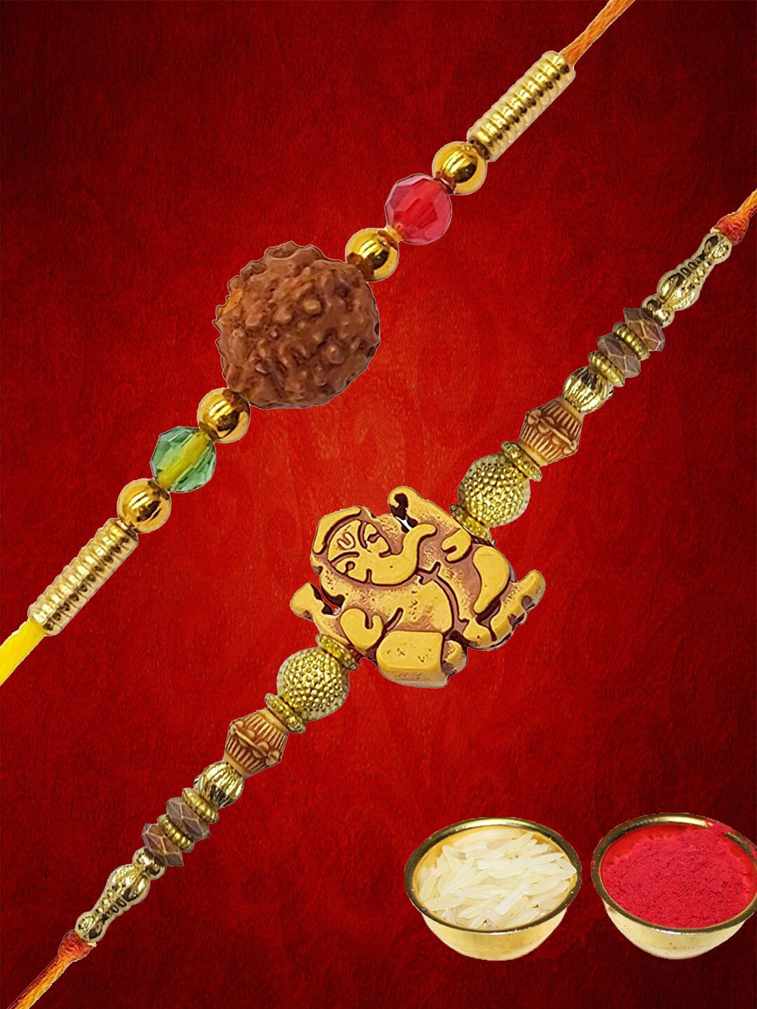 

YouBella Men Set Of 2 Gold-Toned Rakhi With Roli Rice & Greeting Card