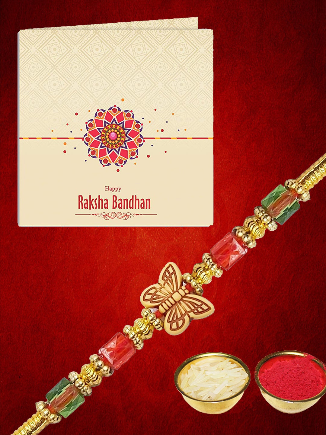 

YouBella Men Rust brown & Gold-Toned Rakhi With RoliChawal & Card, Red