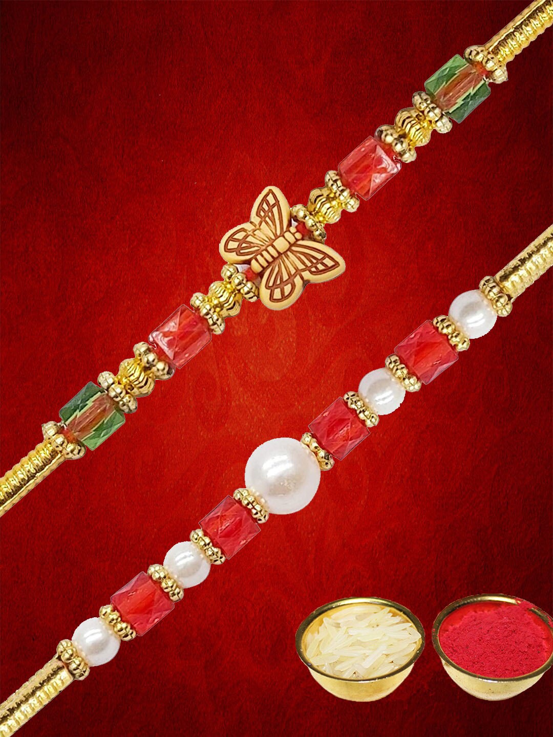 

YouBella Men Pack Of 2 Gold-Toned White & Red Stone-Studded & Beaded Rakhi