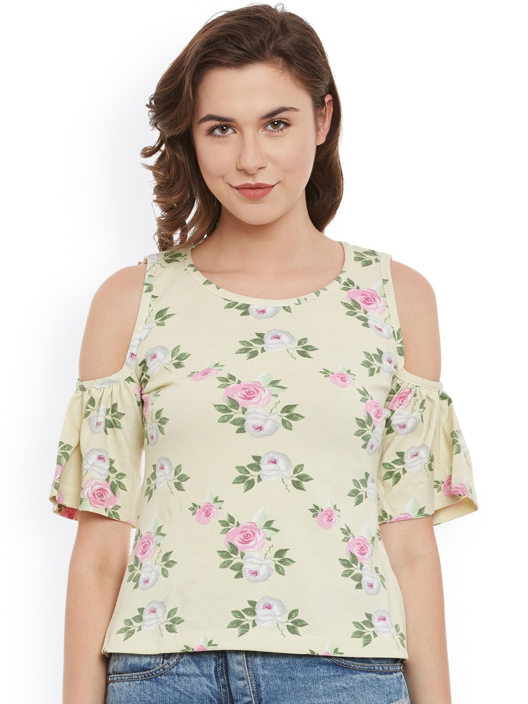 

Belle Fille Women Yellow Floral Print Cold Shoulder Top