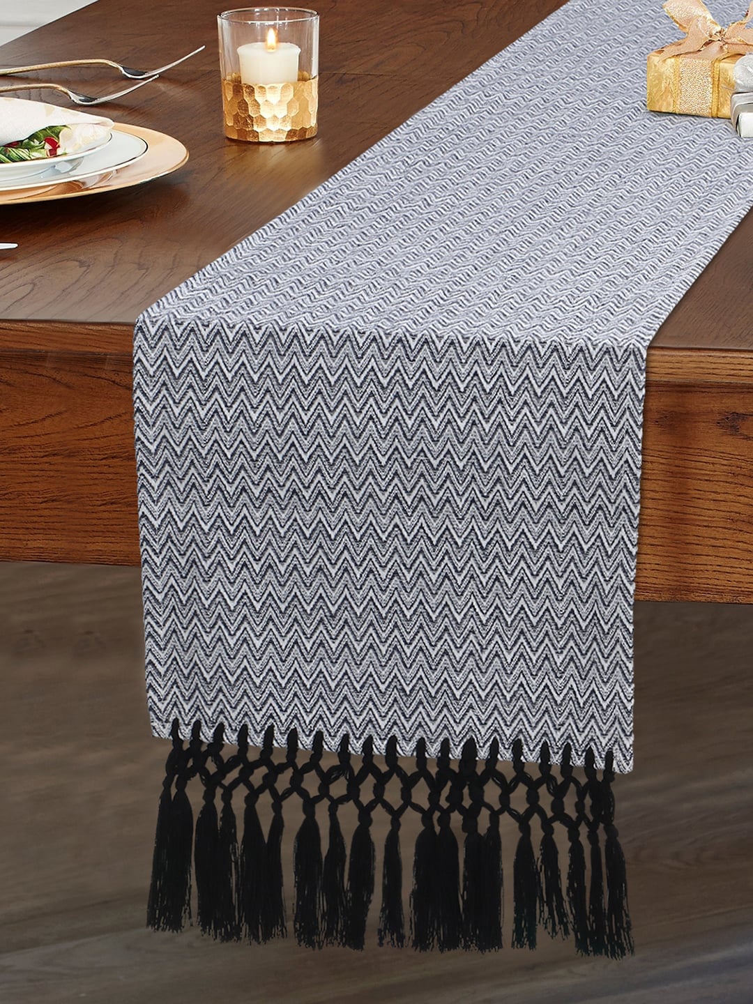 

Mezposh White & Black Embroidered 6-Seater Table Runner With Tassels