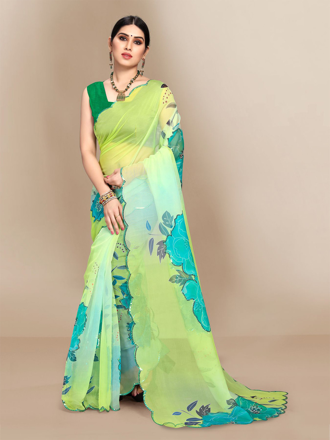

VAIRAGEE Green & Blue Floral Embroidered Organza Saree