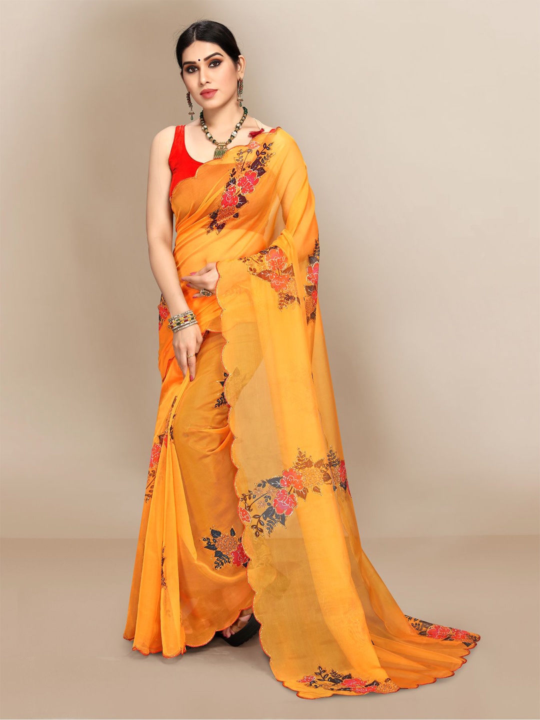 

VAIRAGEE Yellow & Brown Floral Printed Sequinned Organza Saree
