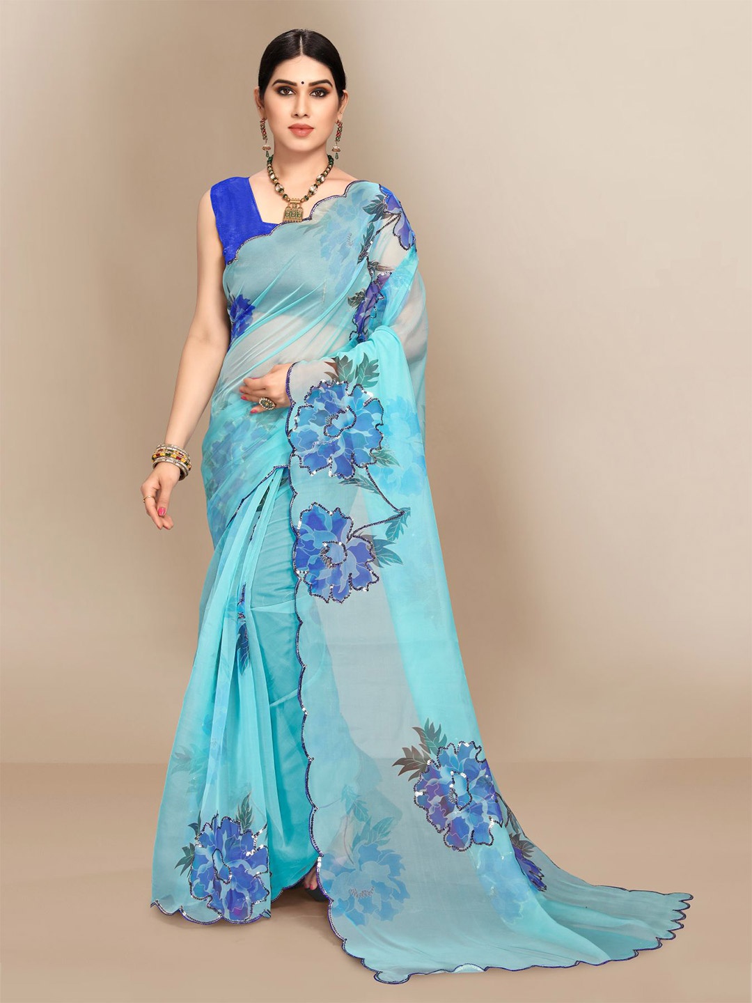 

VAIRAGEE Blue & Green Floral Embroidered Organza Saree