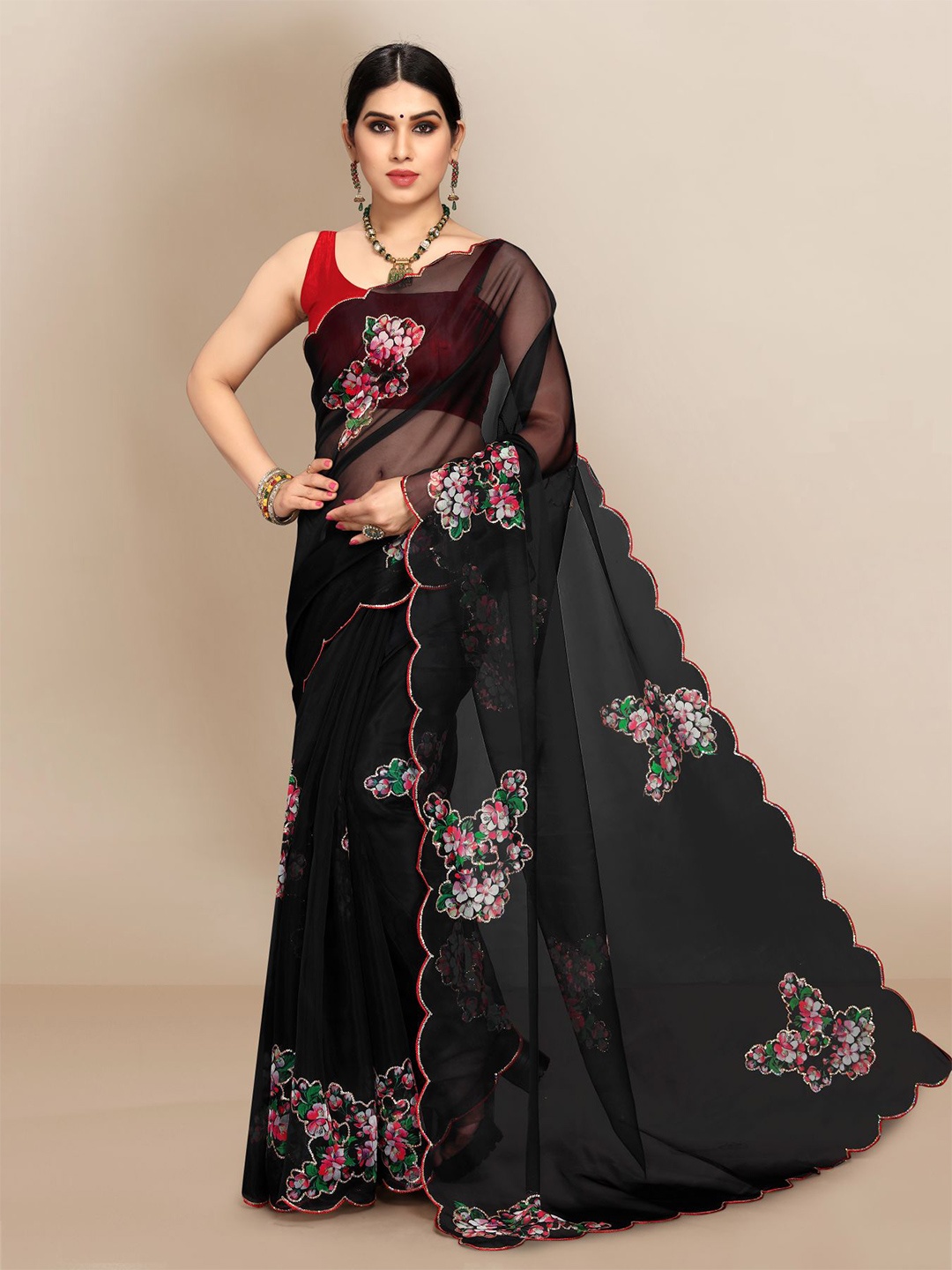 

VAIRAGEE Women Black & Green Floral Embroidered Organza Saree