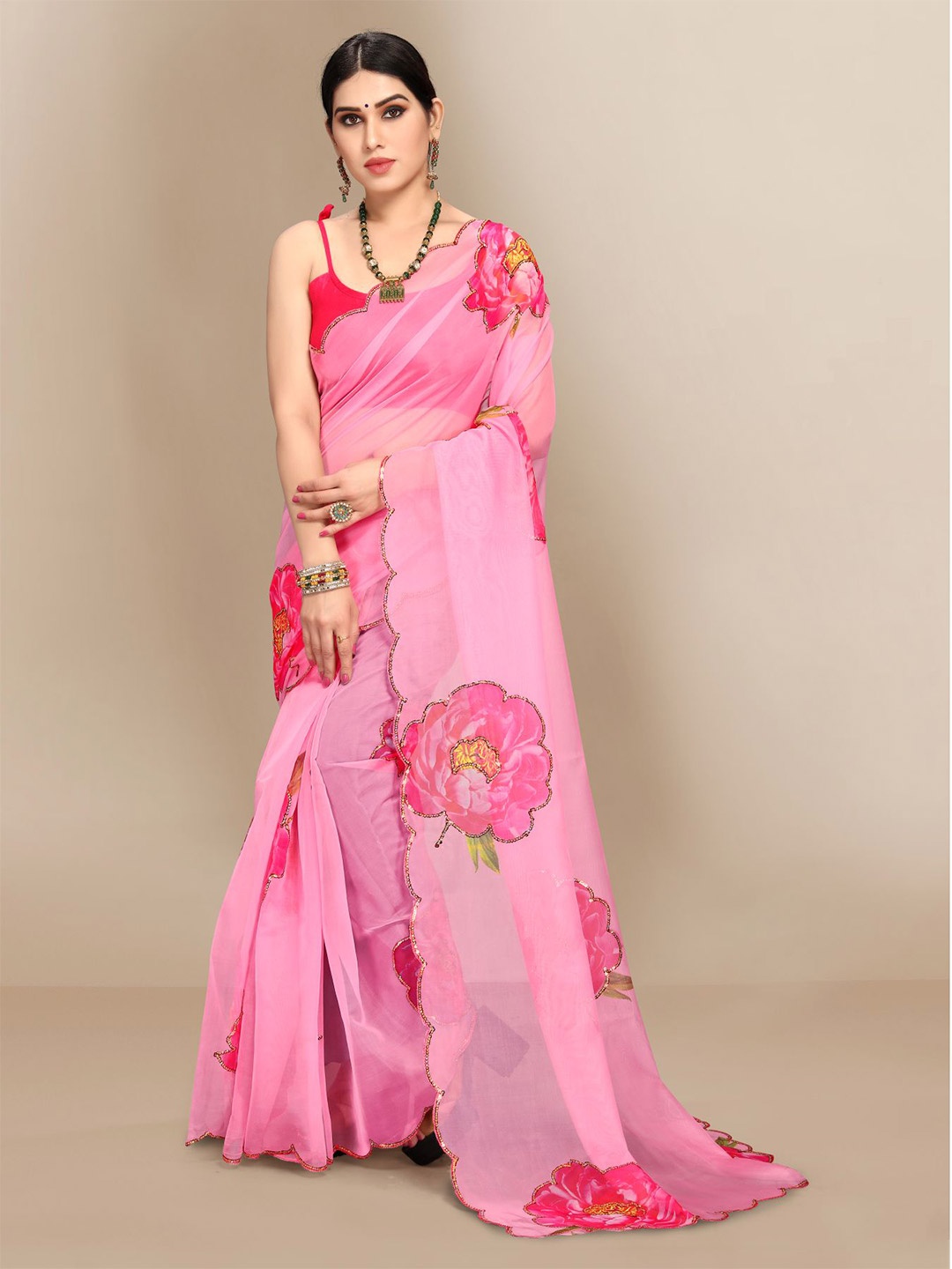 

VAIRAGEE Pink Floral Sequinned Organza Saree With Blouse Piece