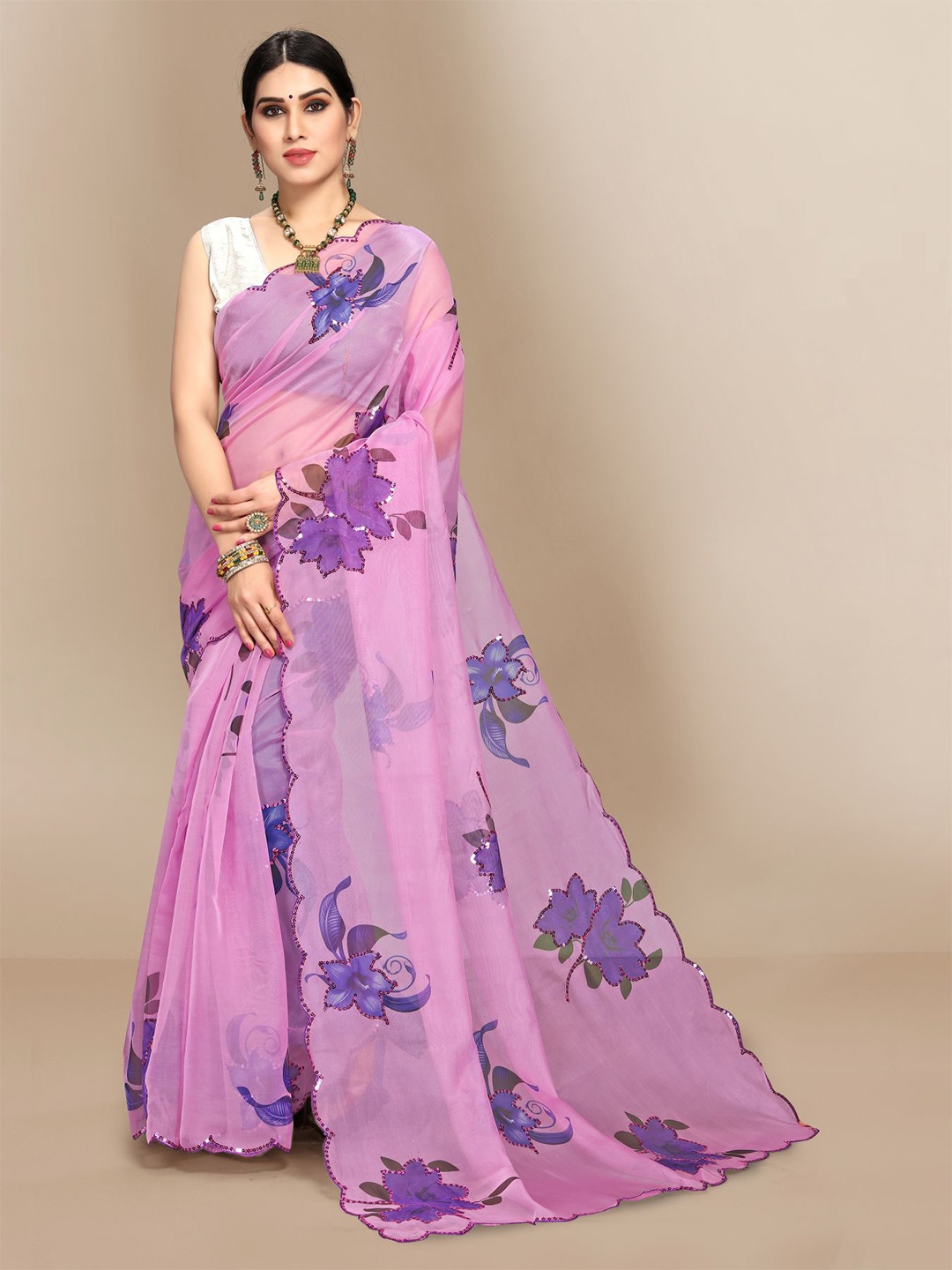 

VAIRAGEE Pink & Purple Floral Sequinned Organza Saree