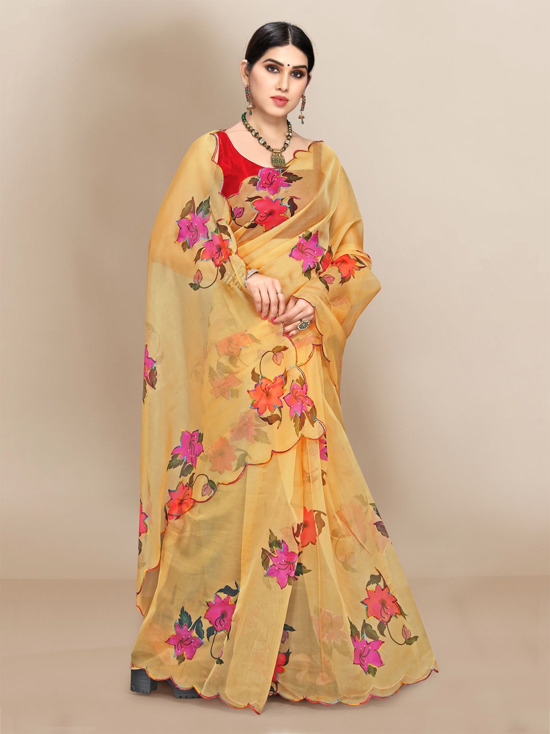 

VAIRAGEE Mustard Yellow & Pink Floral Sequinned Organza Saree