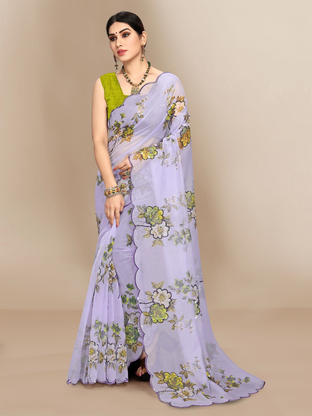 

VAIRAGEE Purple & Green Floral Organza Saree