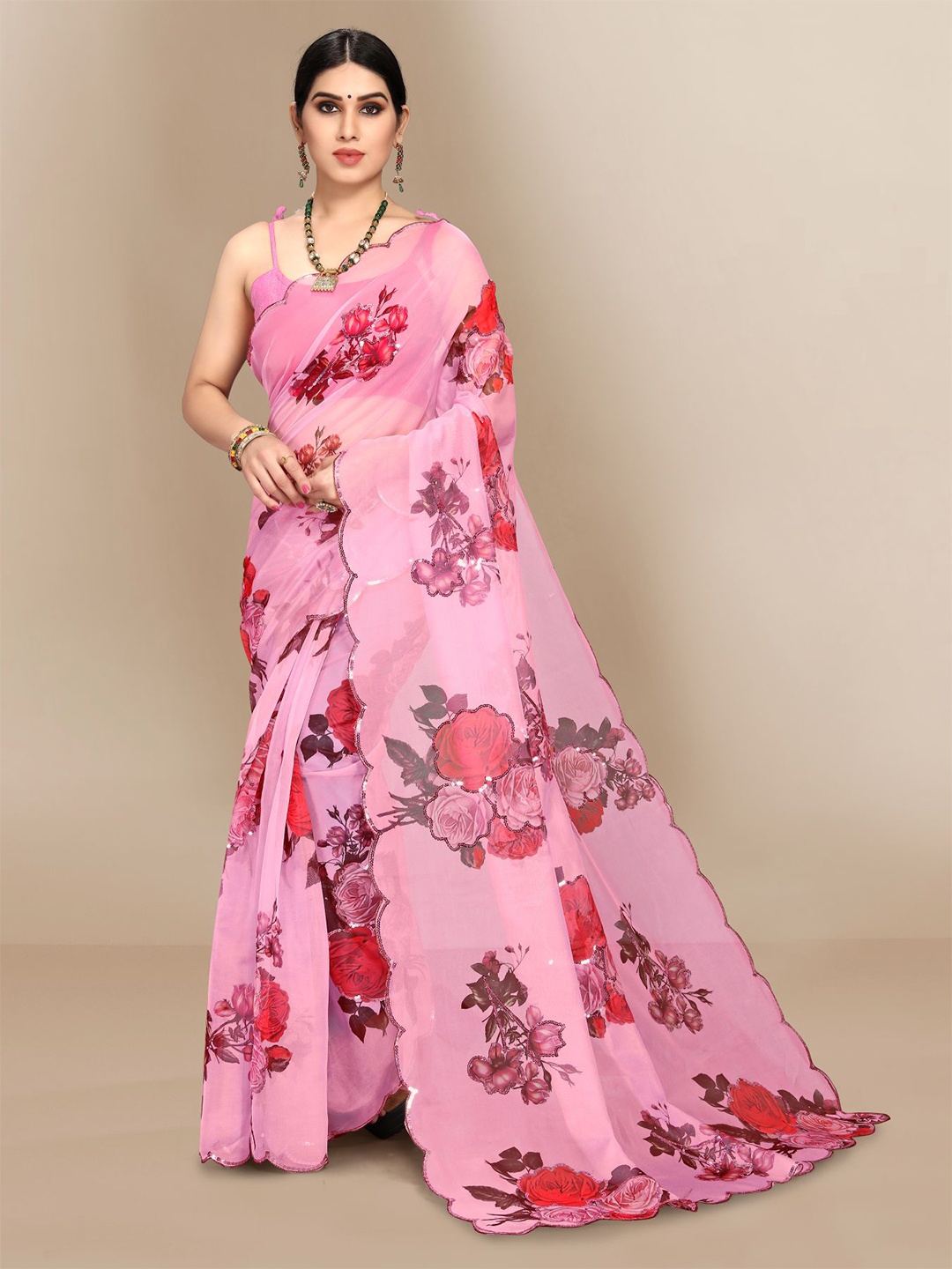 

VAIRAGEE Pink & Red Floral Sequinned Organza Saree With Unstitched Blouse Piece