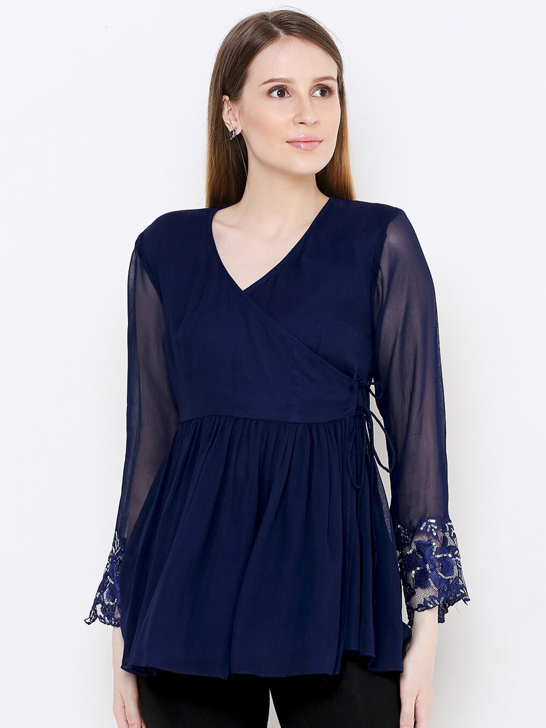 

aturabi Navy Blue Georgette Wrap Longline Top