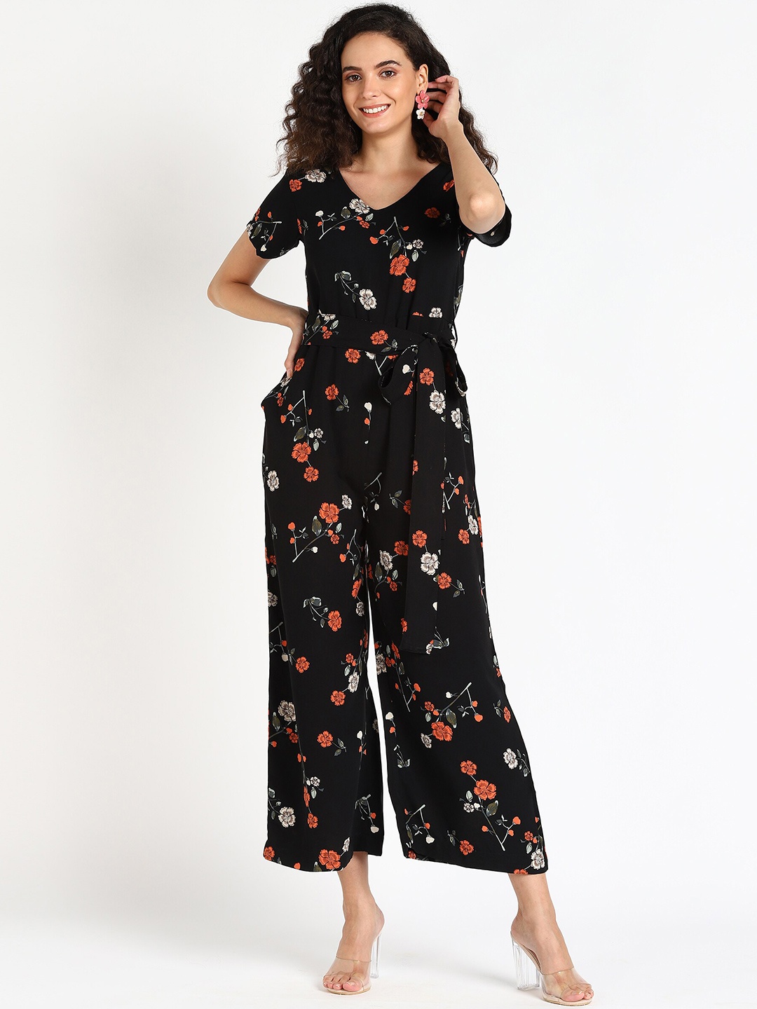 

Fashfun Women Black Floral Printed Basic Jumpsuit