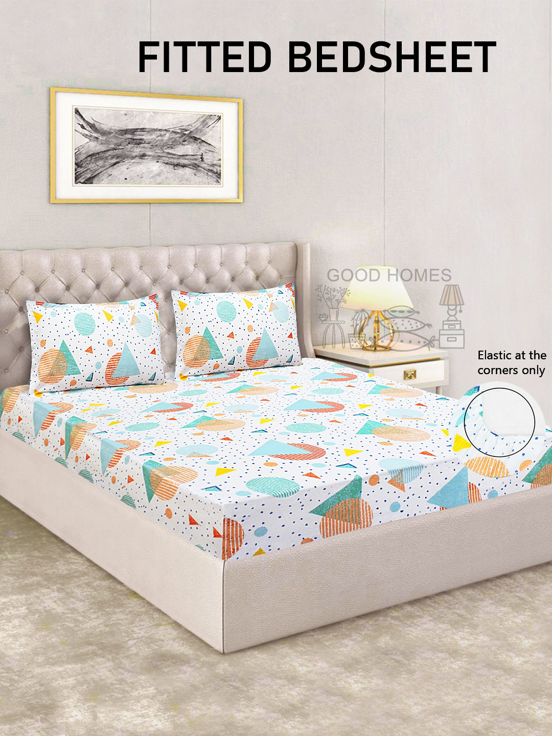 

Good Homes by Home Candy Pink & Green Geometric 144 TC Queen Bedsheet with 2 Pillow Covers