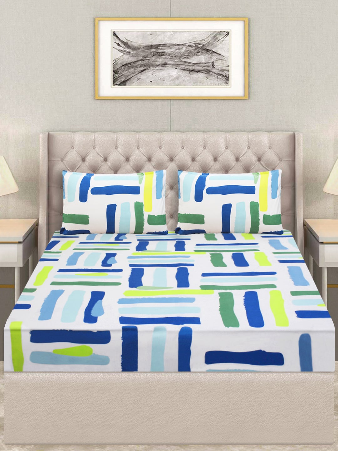 

Good Homes by Home Candy White & Blue 144 TC Queen Bedsheet with 2 Pillow Covers
