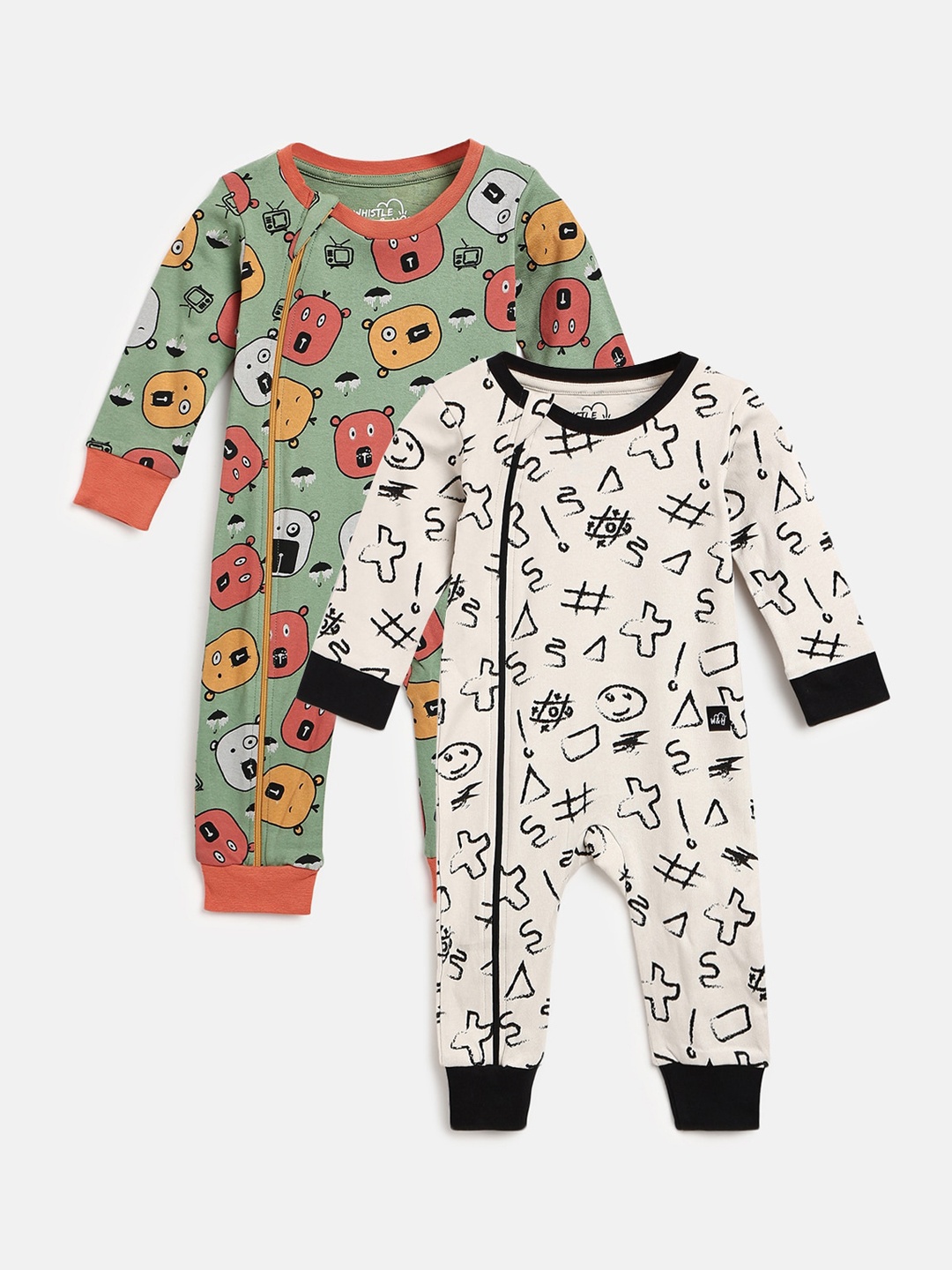 

Whistle & Hops Infant Kids Pack Of 2 Printed Pure Organic Cotton Sustainable Sustainable Rompers, Green