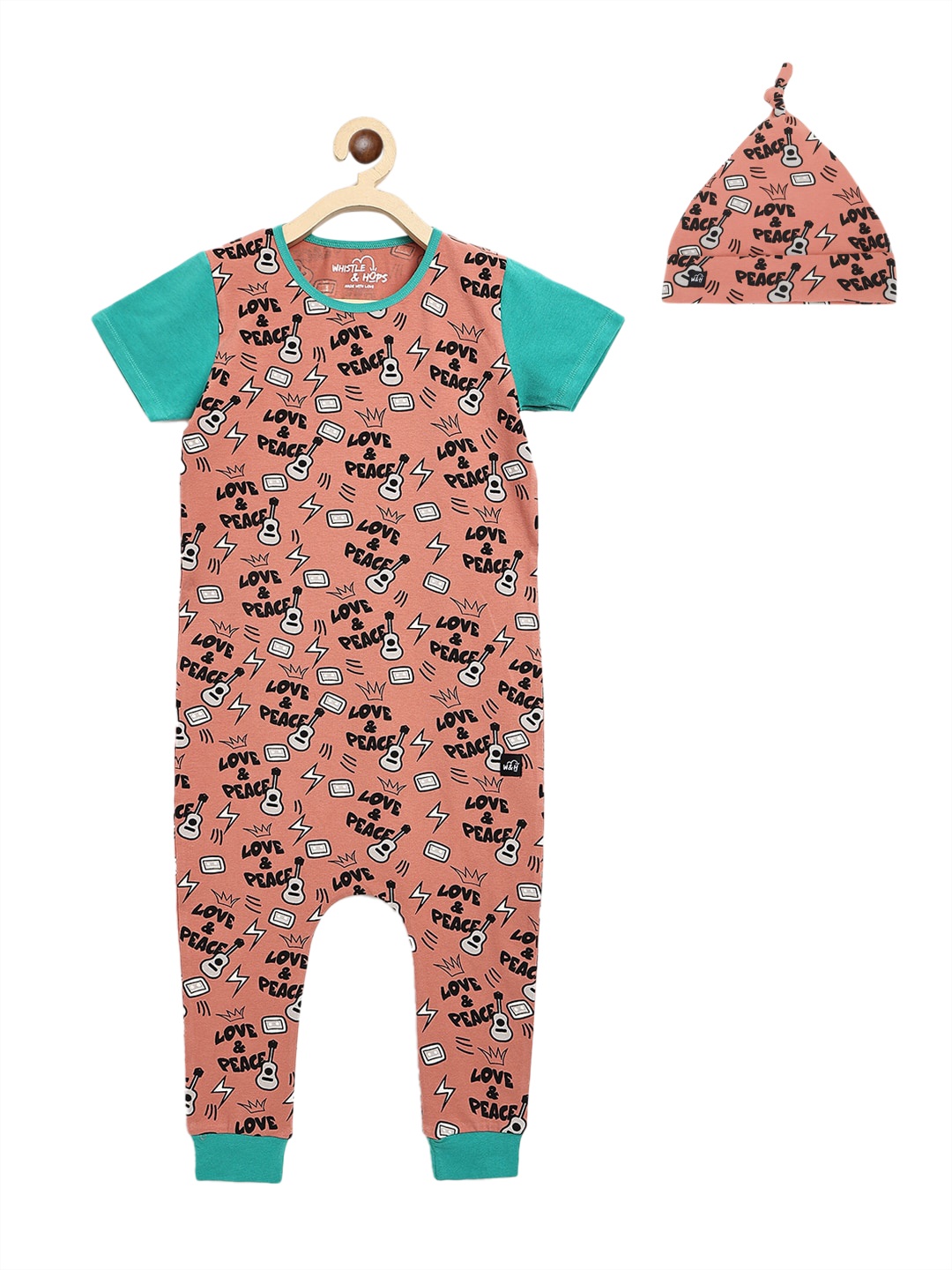 

Whistle & Hops Kids Multicoloured Organic Cotton Love & Peace Sustainable Sustainable Rompers and Beanie, Multi