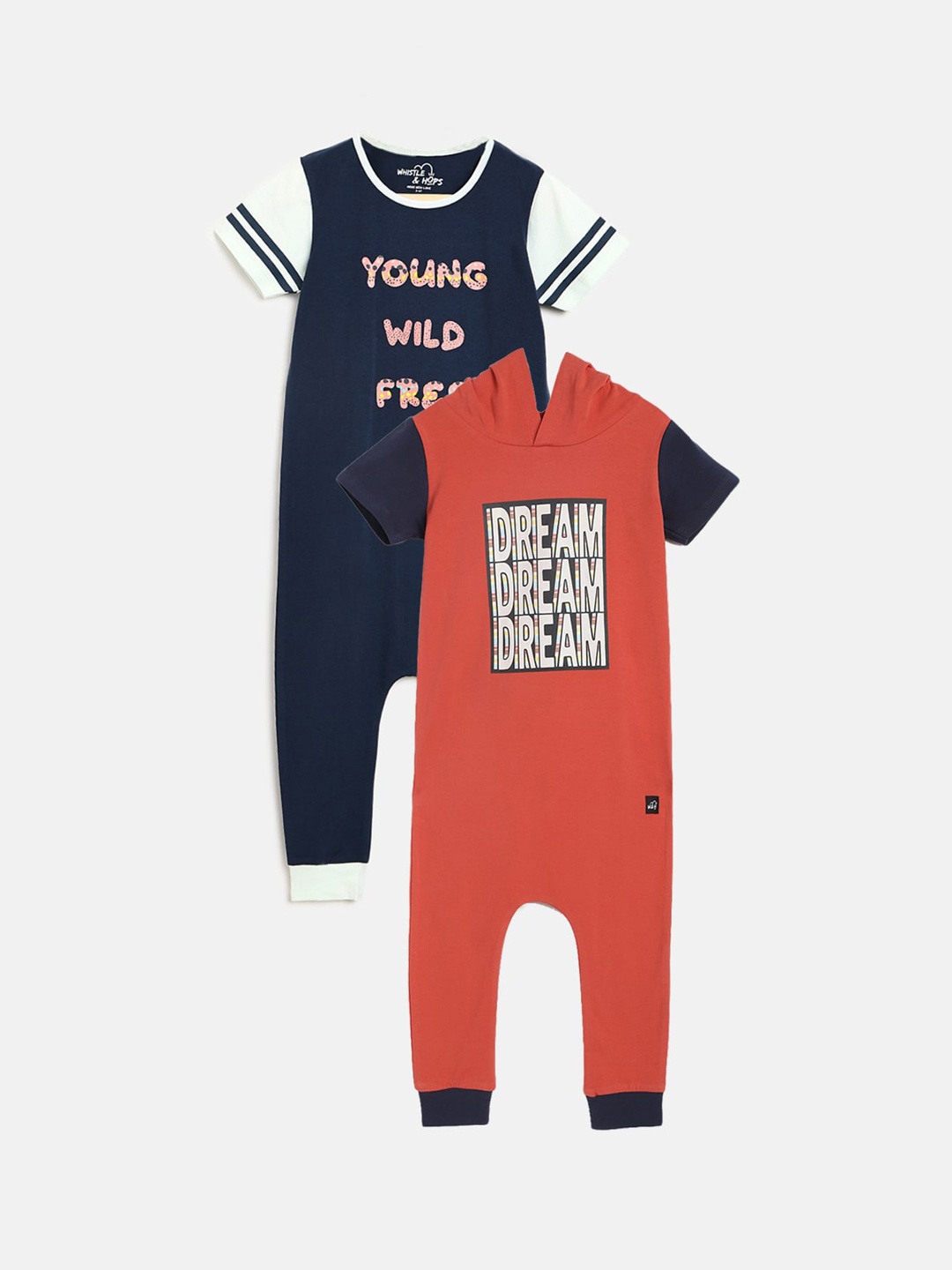 

Whistle & Hops Infants Pack Of 2 Printed Pure Organic Cotton Sustainable Sustainable Rompers, Navy blue