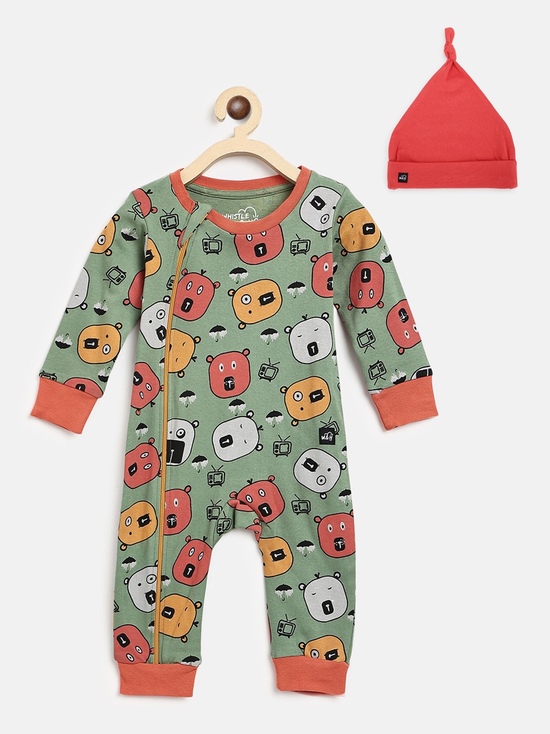 

Whistle & Hops Kids Green & Coral Printed Sustainable Sustainable Rompers with Beanie