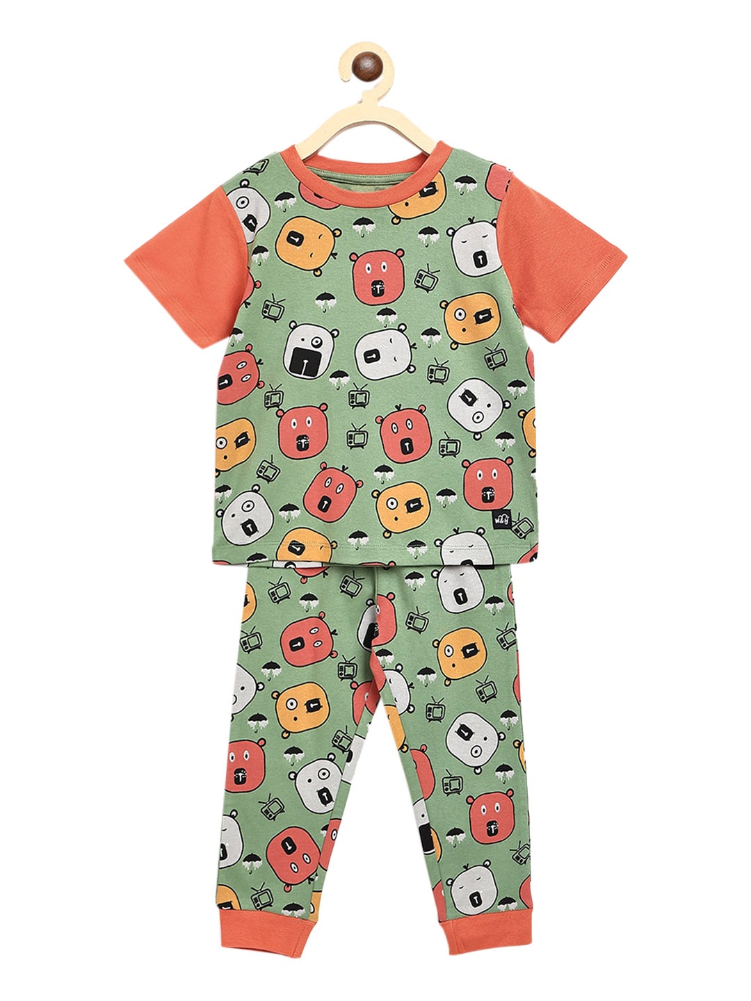 

Whistle & Hops Unisex Kids Green & Orange Printed Sustainable T-shirt with Trousers