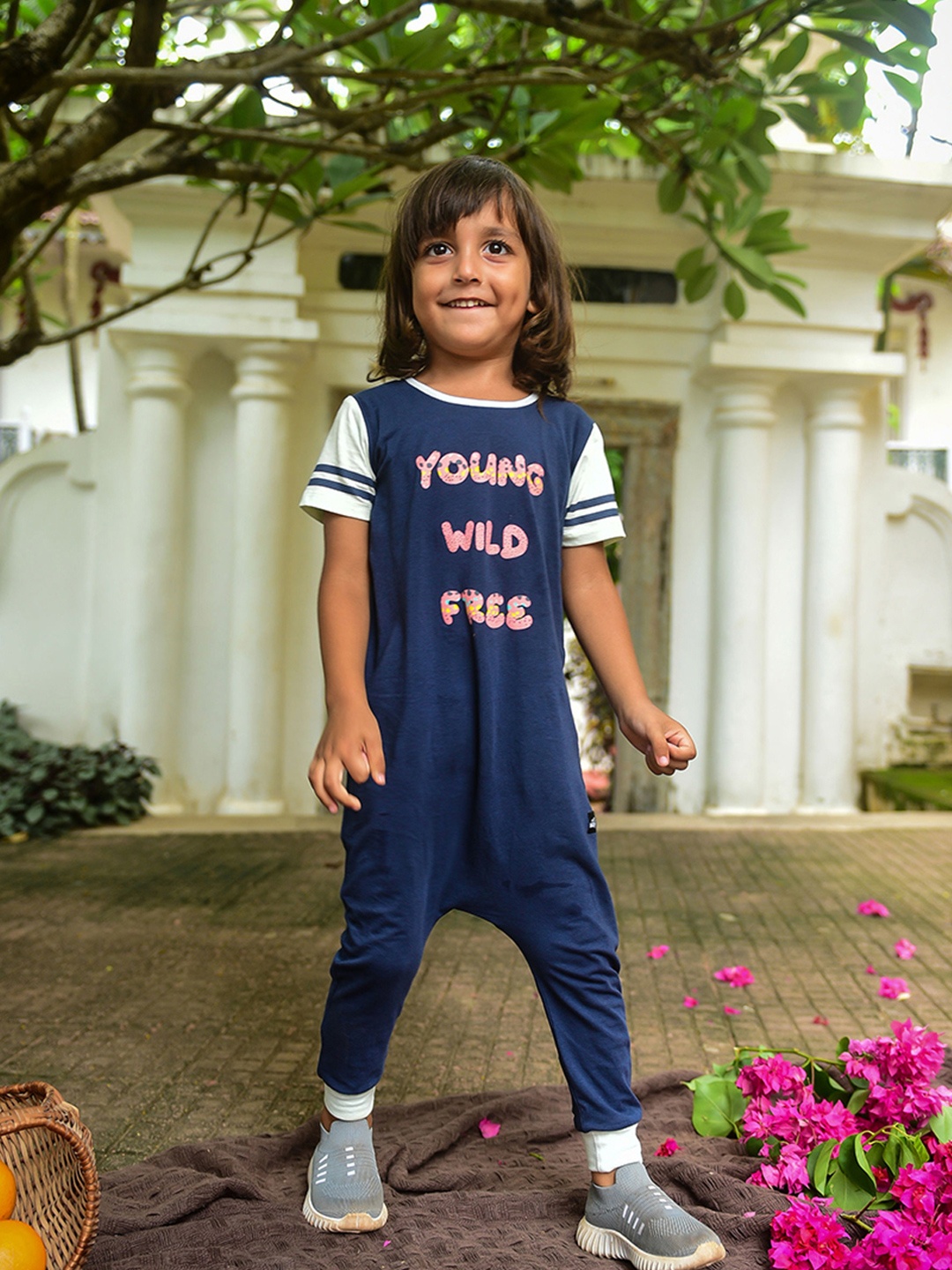 

Whistle & Hops Kids Navy Blue & White Printed Cotton Sustainable Sustainable Romper
