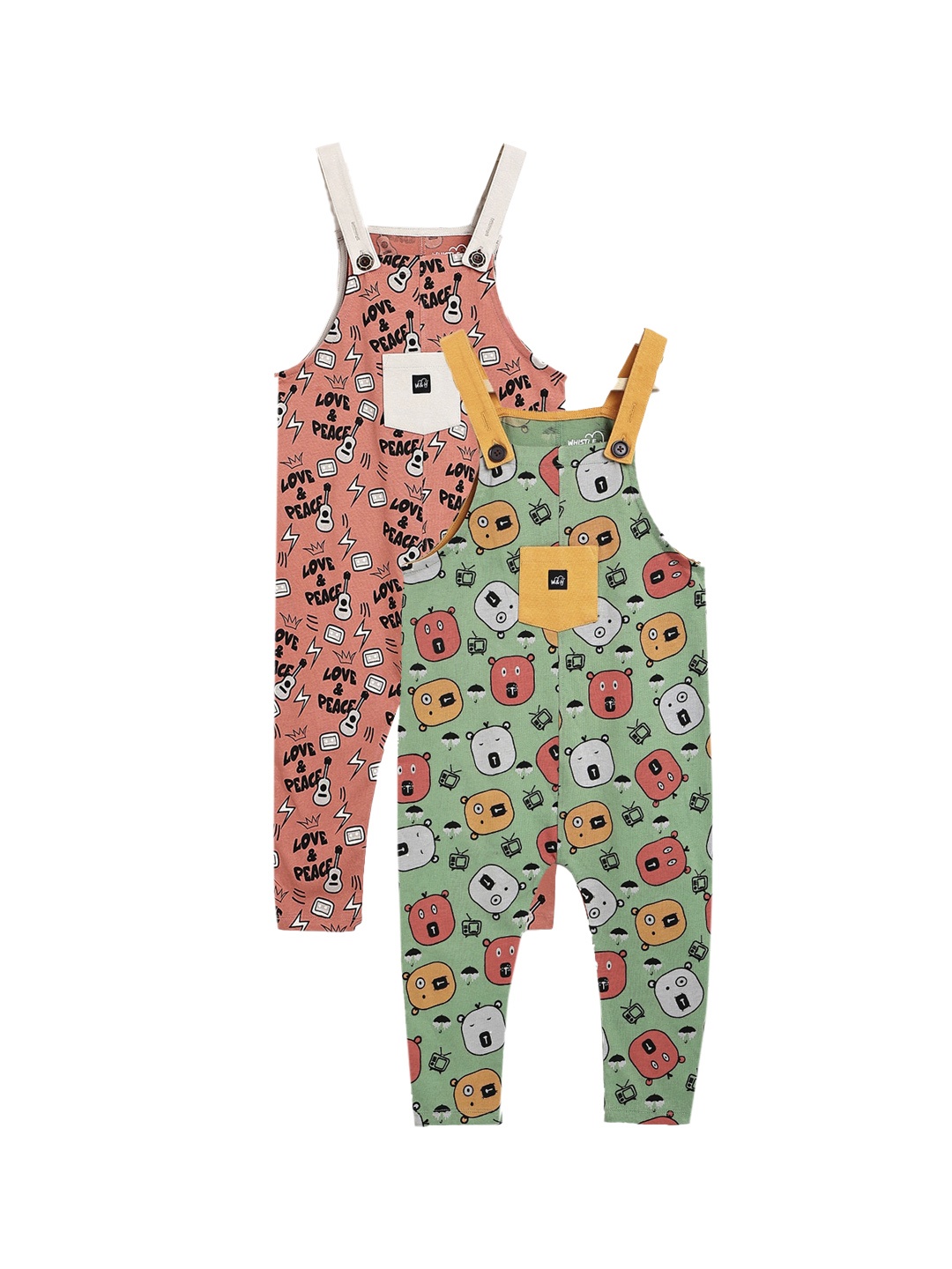 

Whistle & Hops Unisex Kids Green & Peach Set of 2 Printed Chambray Sustainable Dungarees