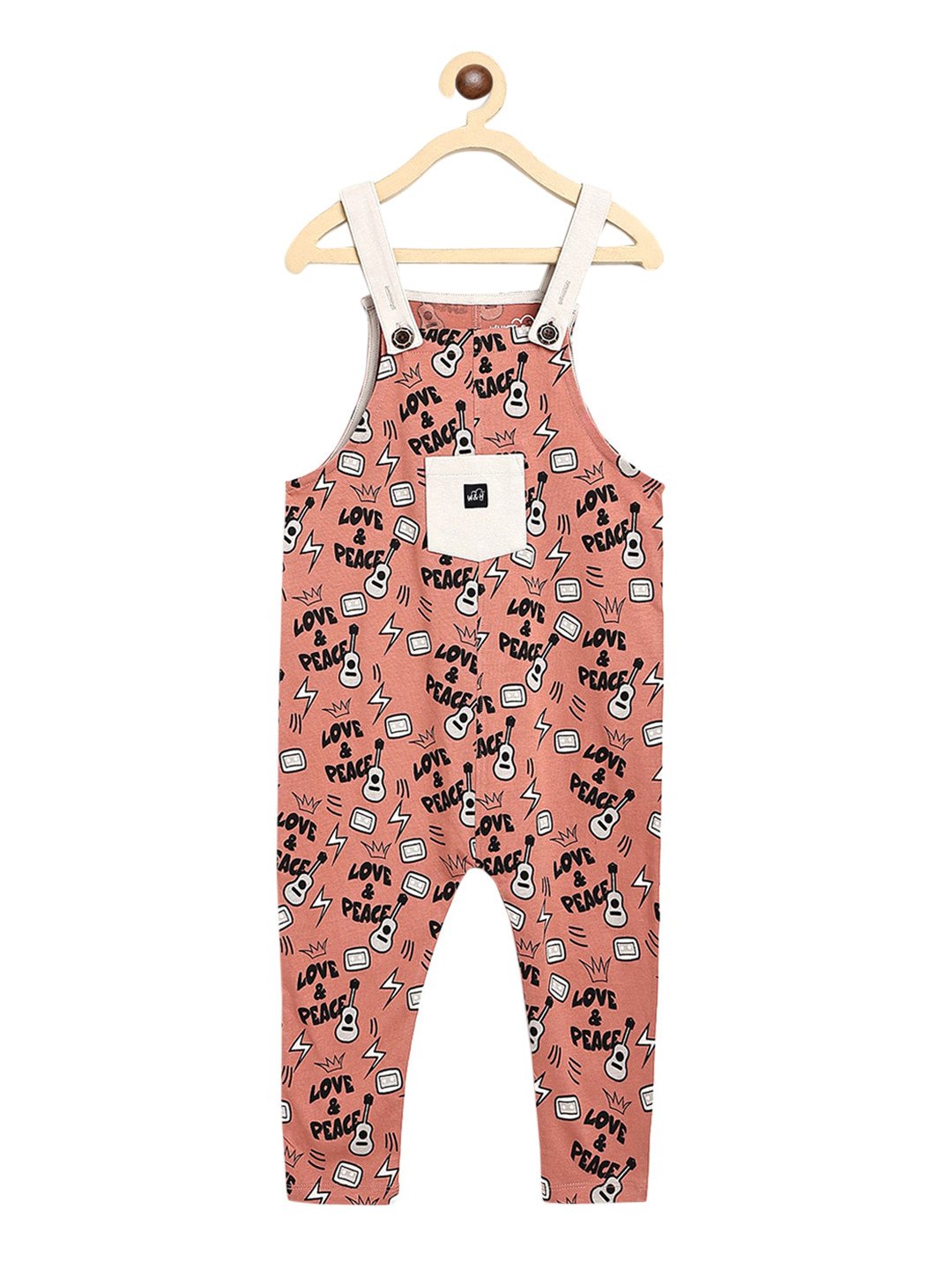 

Whistle & Hops Kids Rust Colored Love & Peace Printed Pure Organic Cotton Sustainable Dungarees