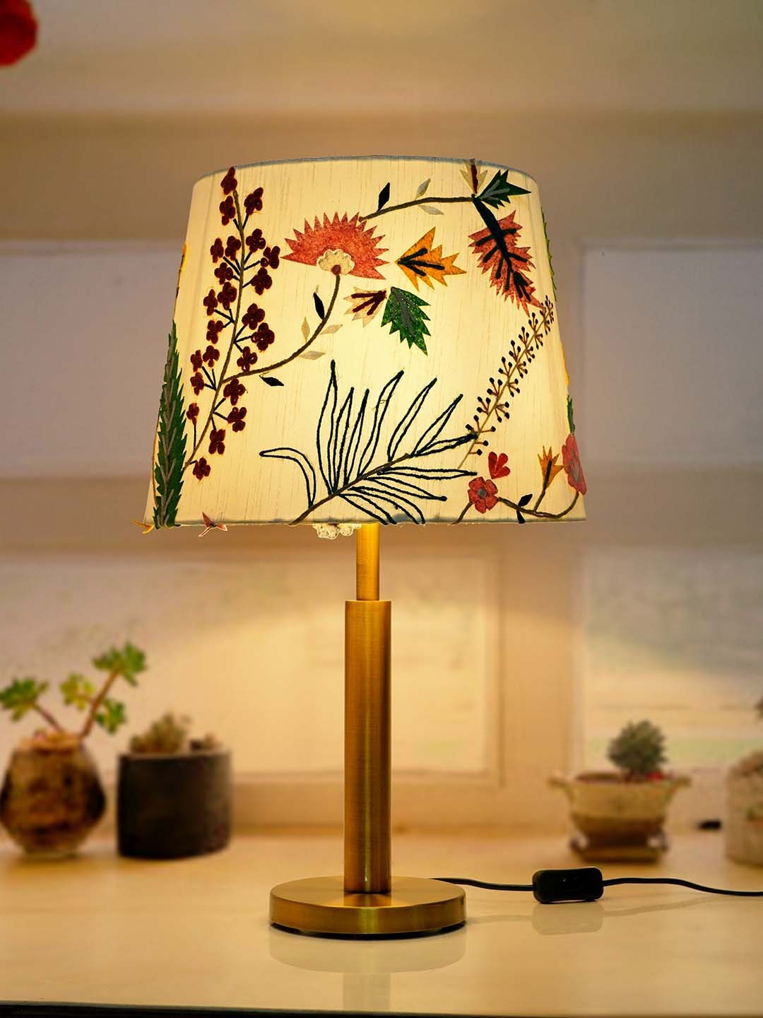 

Fos Lighting Gold Table Lamp with Botanical Embroidered Tapered Fabric Shade